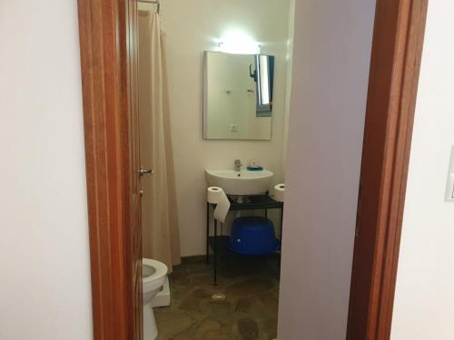 a bathroom with a sink and a toilet and a mirror at Moratika Farmhouse in Agios Kirykos