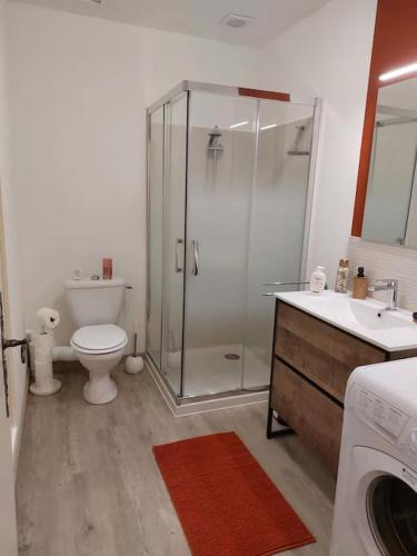 une salle de bain avec une douche, des toilettes et un lavabo dans l'établissement Au pied des alpilles, à Eyguières