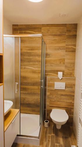 a bathroom with a shower with a toilet and a sink at Apartmán NAD RIEKOU in Bešeňová