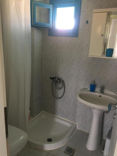 a bathroom with a sink and a shower and a toilet at Blue house in Kalandra