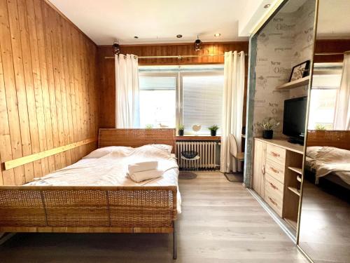 ブラチスラヴァにあるSimply Cityのベッドルーム(ベッド1台、テレビ、窓付)