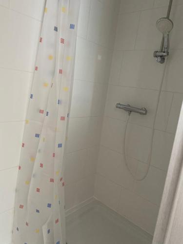 a shower with a shower curtain in a bathroom at Zimmer Austernfischer in Dagebüll