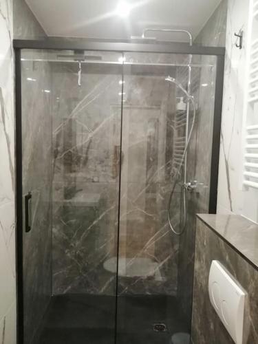 une douche avec une porte vitrée dans une salle de bain dans l'établissement Bel appartement paisible - 4 Chambres - 2 Salles de Bain - Paris et Orly à 20 Minutes, à Massy