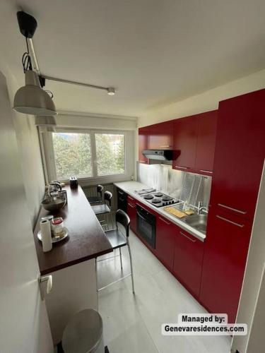 une cuisine avec des armoires rouges et un comptoir dans l'établissement Geneva Residences - Cozy apartment close to UN, à Ferney-Voltaire