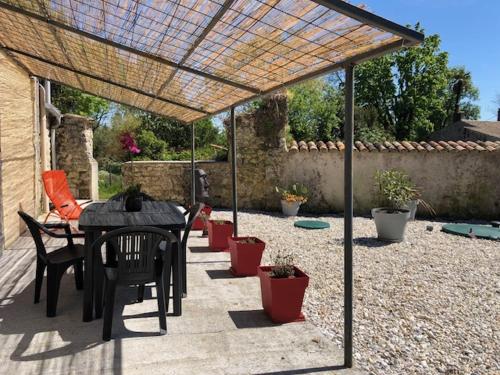 un patio avec une table et des chaises sous un toit dans l'établissement Le refuge, à Lesparre-Médoc