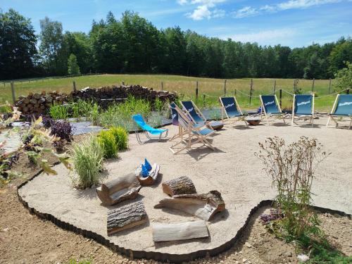 a group of chairs sitting in a yard at Domek letniskowy - Leśna chmurka - sauna, bania in Cewice