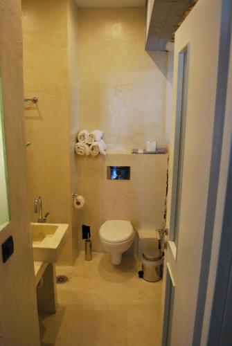 a small bathroom with a toilet and a sink at Despina Studios in Kokkari