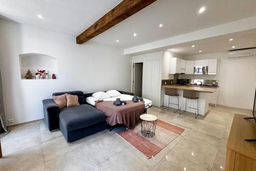 un salon avec un canapé et une table dans l'établissement Magnifique studio dans l’hyper-centre d’Ajaccio, à Ajaccio