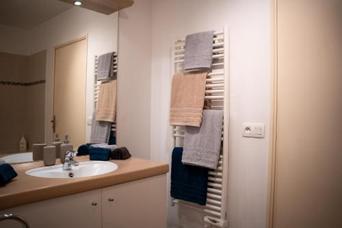 ein Badezimmer mit Waschbecken, Spiegel und Handtüchern in der Unterkunft Appartement 4 chambres proche Stade de France, parking et balcon sur jardin in Aubervilliers