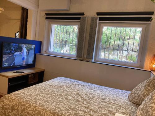 une chambre avec un lit et une télévision à écran plat dans l'établissement Picasso Walk Cosy charm in heart of Old Town Antibes AC and WiFi, à Antibes