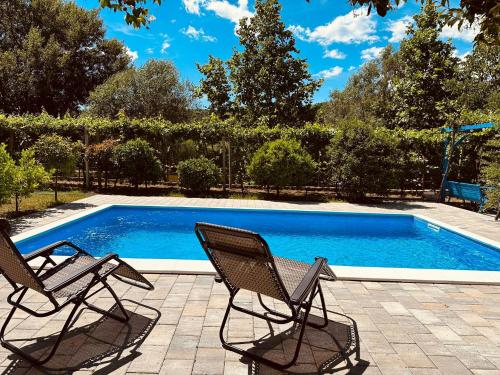 two chairs sitting next to a swimming pool at Villa Cataleya Počitelj in Počitelj