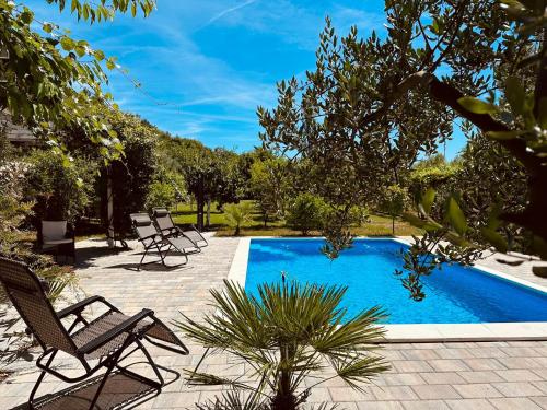 a swimming pool in a yard with chairs and trees at Villa Cataleya Počitelj in Počitelj