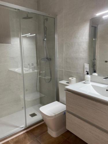 a bathroom with a shower and a toilet and a sink at Starman in Cazorla