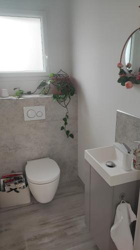 une salle de bain avec toilettes, lavabo et fenêtre dans l'établissement Studio mer, à La Plaine-sur-Mer