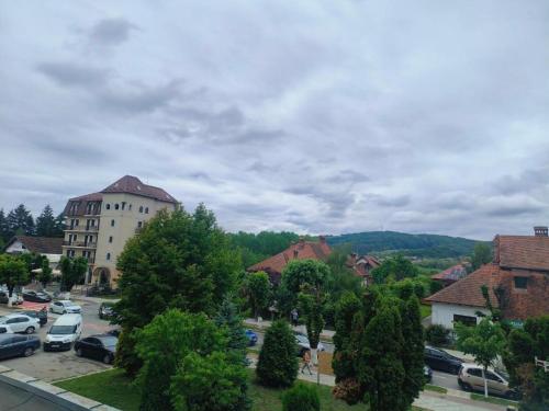 a town with cars parked in a parking lot at Apartament Theodora in Curtea de Argeş