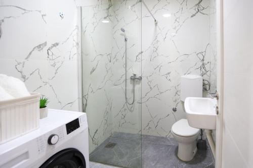 a bathroom with a shower with a toilet and a sink at Airport Stay Apartments in Surčin