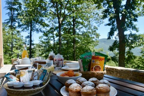 a table with muffins and baskets of food on it at B&b Casa Rioletta in Bologna