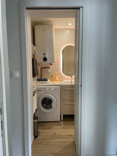 une salle de bain avec une machine à laver et un lavabo dans l'établissement Un amour de Luchon, avec vue sur les Pyrénées, à Luchon