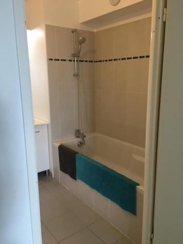La salle de bains est pourvue d'une baignoire et d'une serviette bleue. dans l'établissement Résidence le Carré Saint Roch, à Montpellier