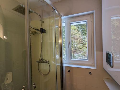 La salle de bains est pourvue d'une douche et d'une fenêtre. dans l'établissement Refuge AuRoiSud, à La Bresse