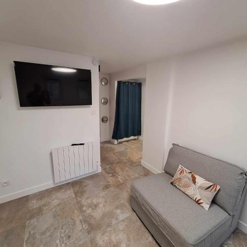 un salon avec un canapé et une télévision à écran plat dans l'établissement Studio calme proche centre-ville, à Cholet