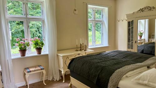 a bedroom with a bed and two windows at Aabenterp in Vrå