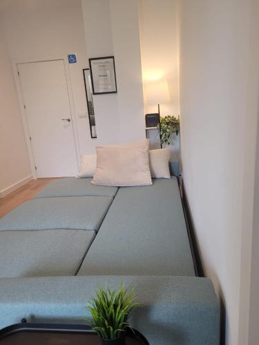 two beds in a room with two potted plants at Génesis Valdoviño in Valdoviño