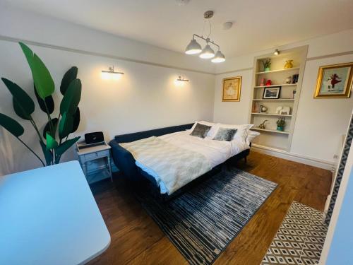 a bedroom with a bed and a plant in it at Luxurious 5Star Retreat on Westports Main Street in Westport