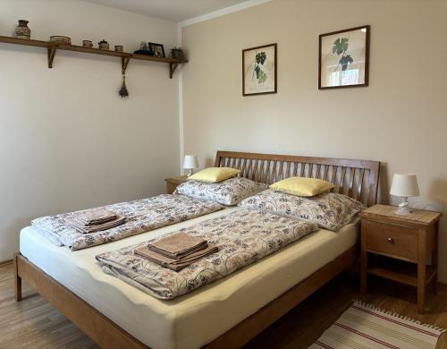 a bed in a bedroom with two pillows on it at Ubytování Na Vinici in Valtice