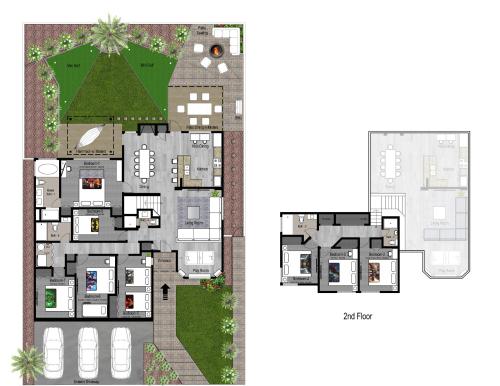 a floor plan and elevation of a house at 8BR 5BA SuperHero Retreat-King Beds, BBQ, Hammock, Firepit, MiniGolf, WorkSpace in Las Vegas
