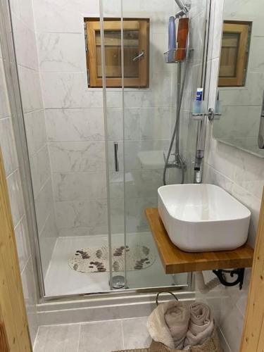 a bathroom with a shower and a sink at The Retreat - Oak Lodge in Corfu
