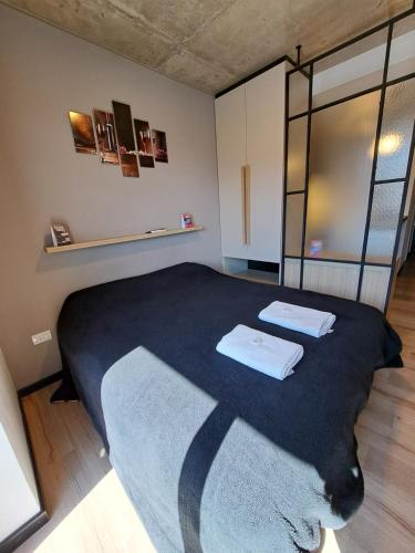 une chambre avec un lit avec une couverture bleue dans l'établissement Departamento - Salta Capital sm - Edificio Usina, à Salta