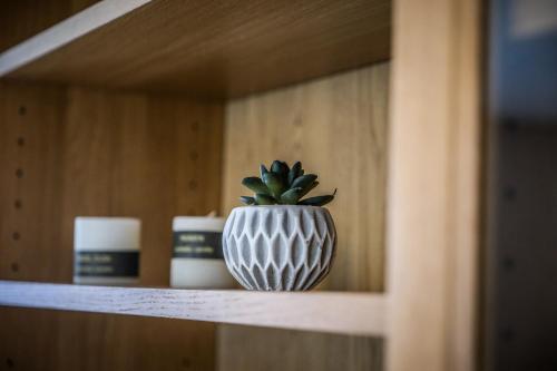 a small plant in a white vase on a shelf at Slow Chalet Thônes lake & mountain 15 min to ski lift balcony parking in Thônes