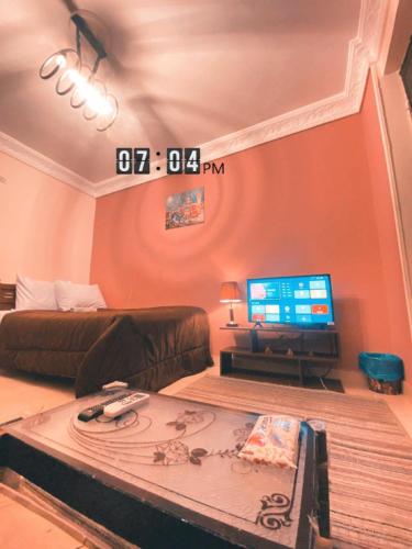 a living room with a couch and a tv at Layback apartment in 6 October city Cairo in 6th Of October