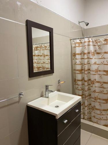 a bathroom with a sink and a shower curtain at La tranquera in La Paz