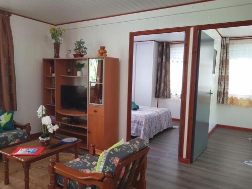 a living room with a television and a bedroom at HUAHINE - Fare Teakavehere Tipanier in Haapu