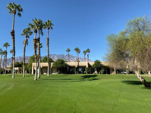 a house with palm trees in front of a green yard at Desert Country Club Paradise! in Cathedral City