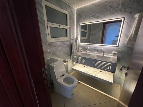 アジュマーンにあるElite Horizon Ajman Residenceのトイレと鏡のある小さなバスルーム