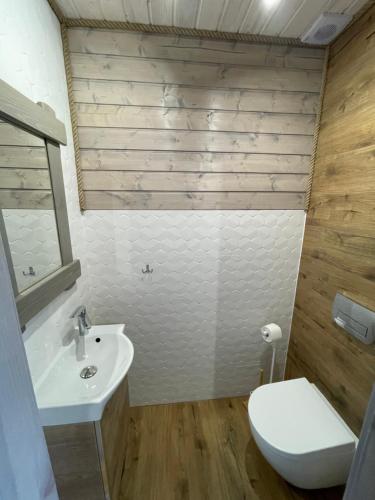 a bathroom with a white toilet and a sink at Amelia Resort in Sianozety