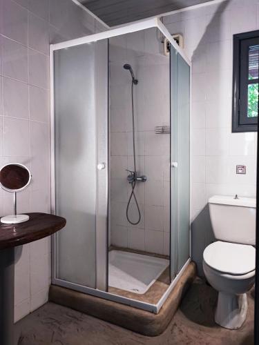 a shower stall in a bathroom with a toilet at Nectar Rentals in Varákkes