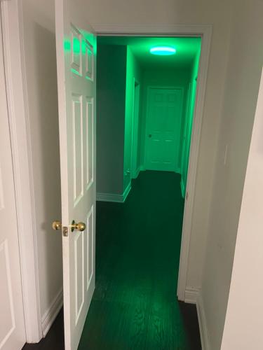 a hallway with a green ceiling and a green door at Finesse in Whitby