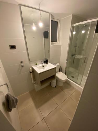 Un baño con lavabo, ducha e inodoro. en Hermoso y moderno departamento, nuevo, a pasos de la Quinta Vergara, cercano a los mejores atractivos de viña del mar, con maravillosa vista, en Viña del Mar