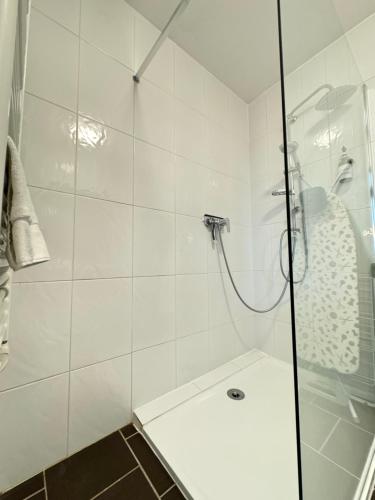 une salle de bain avec une douche avec une porte vitrée dans l'établissement Le Loft - Palm Strings tout confort 6personnes, à Vichy