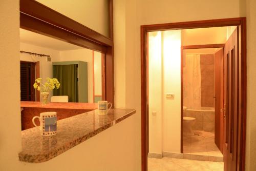 a bathroom with a counter with a sink and a mirror at Apartments Villa Ypsilon in Sveta Nedelja