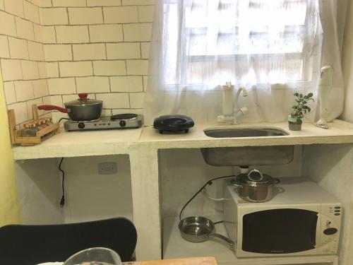 a kitchen counter with a sink and a microwave at Olinda Home in Olinda