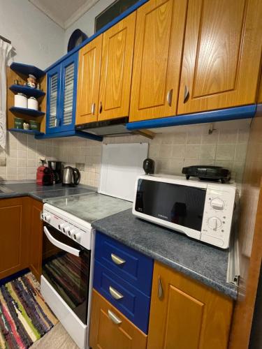 a kitchen with blue cabinets and a microwave on a counter at Mama’s Sunshine Garden Villa in Áyios Ilías