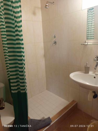 a bathroom with a shower and a sink at Penzión Zátoka in Liptovský Mikuláš