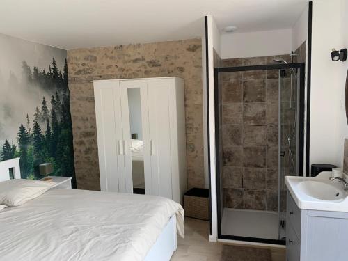 a bedroom with a bed and a shower and a sink at Superbe appartement calme in Chenaud