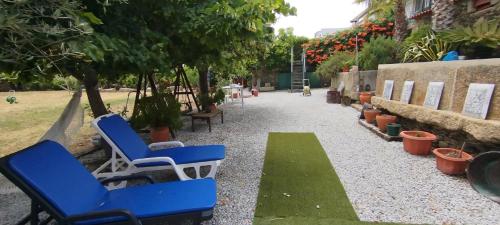 a yard with blue chairs and potted plants at ROSA XVI - Garden Guest House in Vilar Torpim