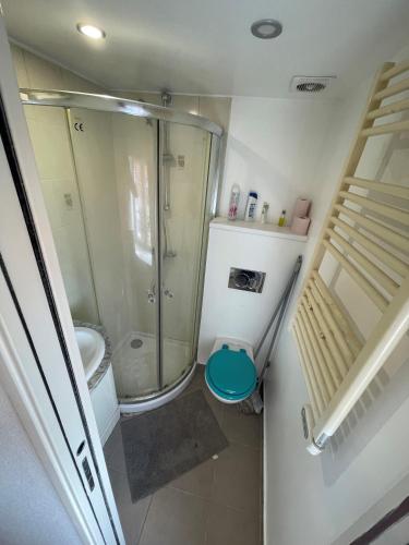 une petite salle de bain avec douche et toilettes dans l'établissement appartements sympas et confortables près de Paris, à Nanterre